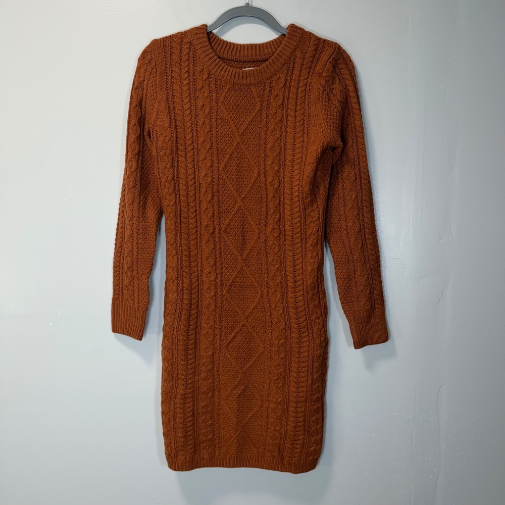 Merona Womens XS Cable Knit Sweater Dress Burnt Orange Long Sleeve Mini